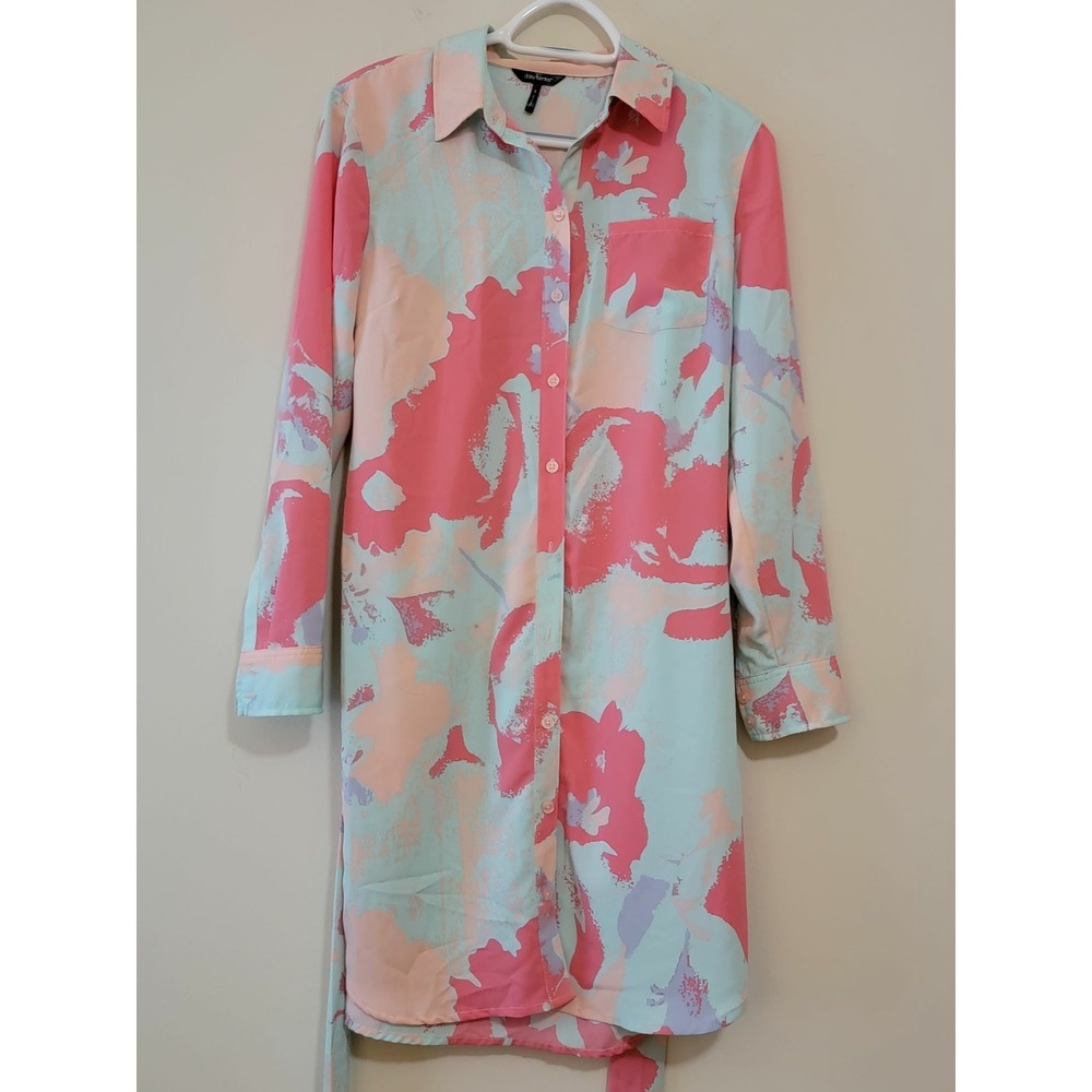 Daisy Fuentes Abstract Print Button Front Shirt Dress Coral Combo Size S